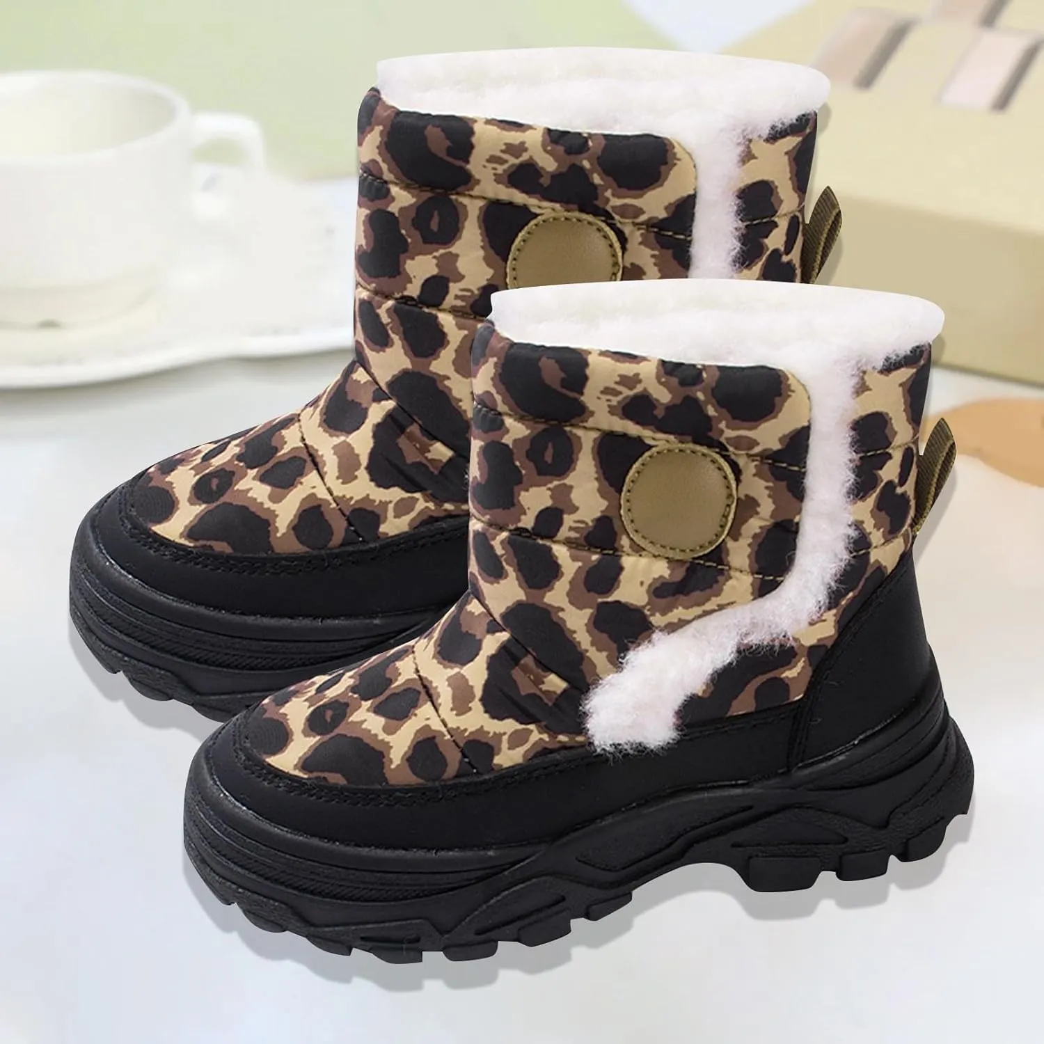 Baby Boys Girls Leopard Winter Warm Cozy Shoes Fleece Snow Boots Toddler Infant Non-Slip Faux Fr Leather Boots Size 13