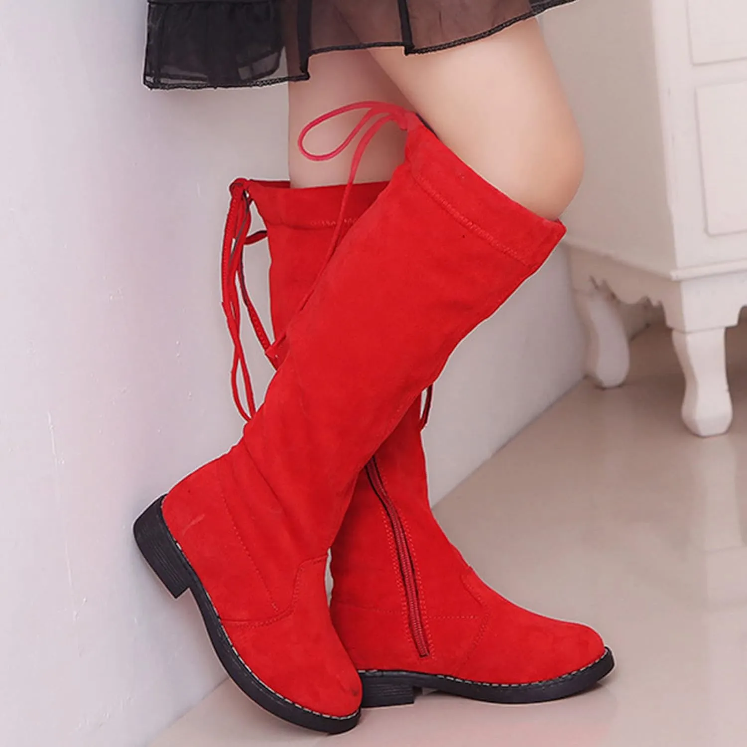 Baby Girls Long Boots Kids Black Tall Suede Snowboots Winter Warm Cozy Walking Non Slip Flat Shoes Fuzzy Lined Sneaker