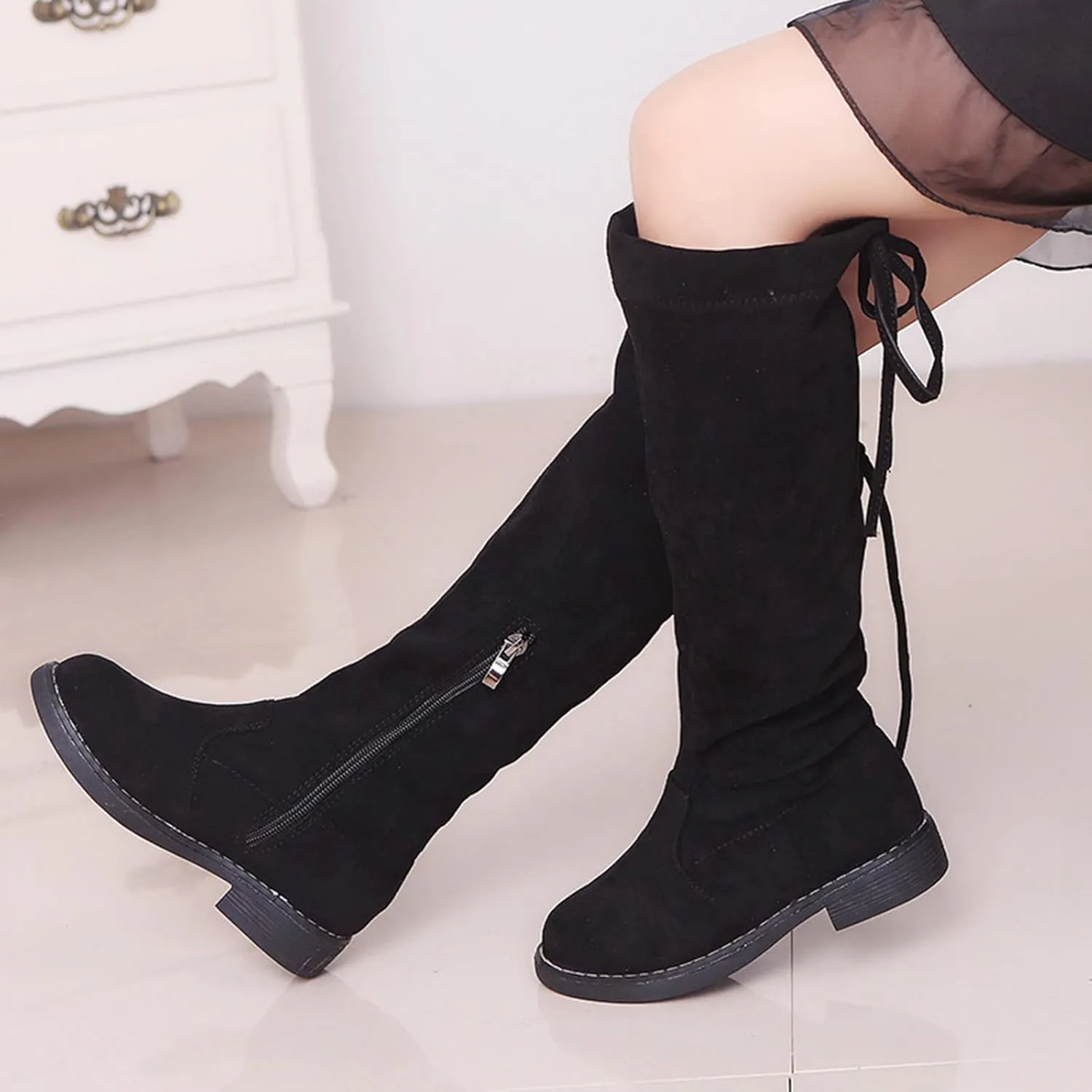 Baby Girls Long Boots Kids Black Tall Suede Snowboots Winter Warm Cozy Walking Non Slip Flat Shoes Fuzzy Lined Sneaker