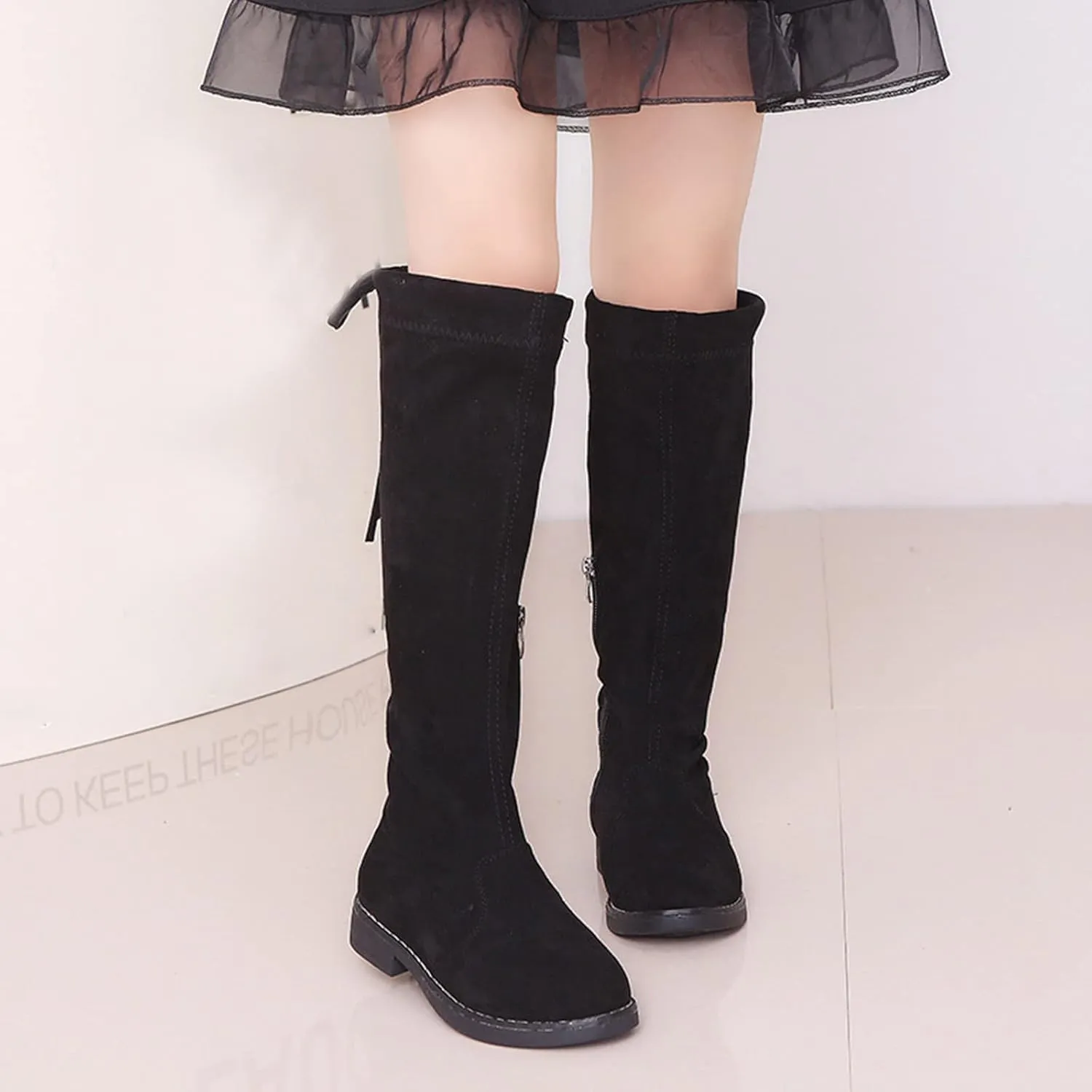 Baby Girls Long Boots Kids Black Tall Suede Snowboots Winter Warm Cozy Walking Non Slip Flat Shoes Fuzzy Lined Sneaker
