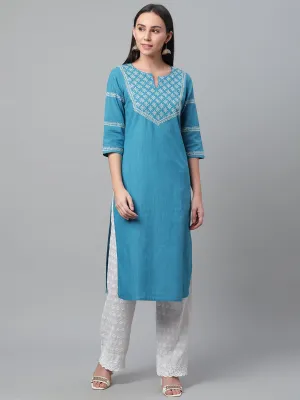 Blue Ikat Straight Chikankari Kurta