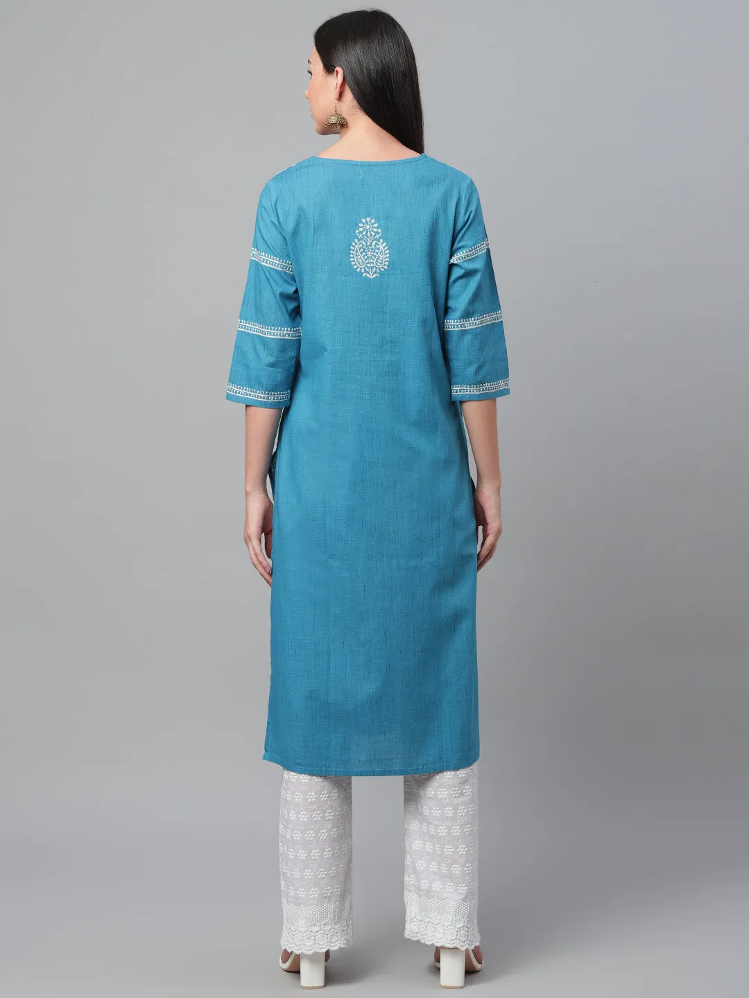 Blue Ikat Straight Chikankari Kurta