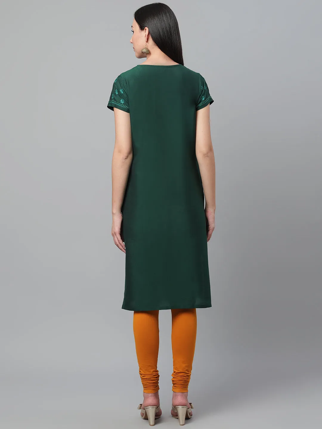 Bottle Green Silk Kurta with Embroidery and Mukaish Work