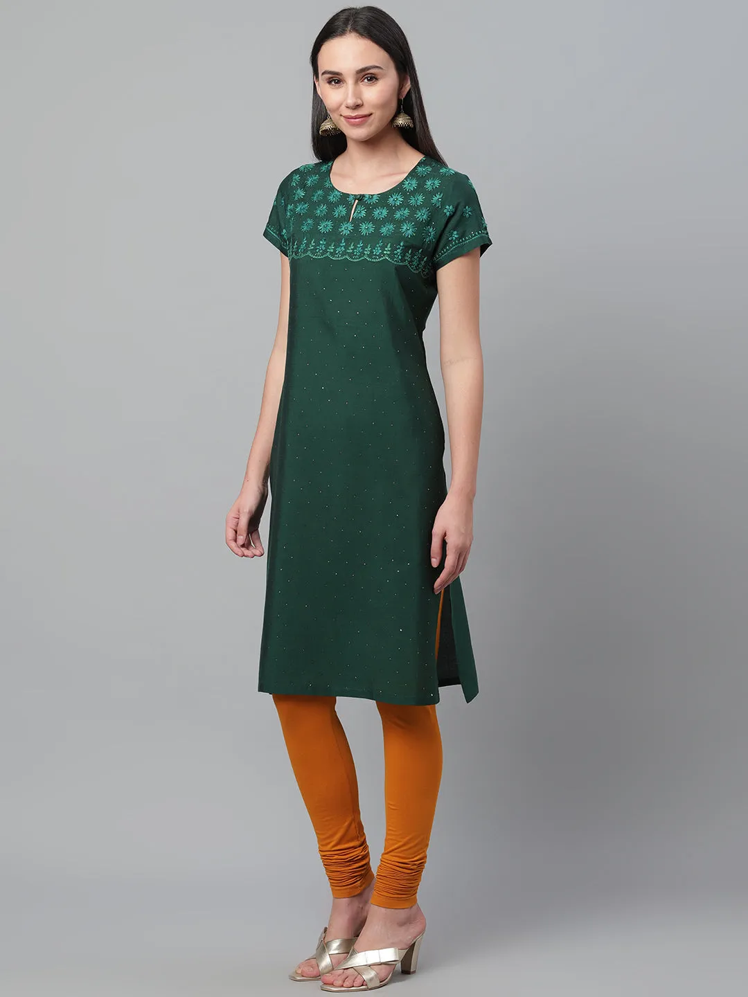 Bottle Green Silk Kurta with Embroidery and Mukaish Work