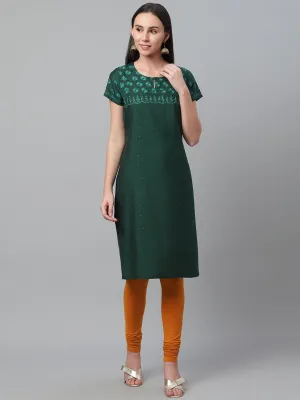 Bottle Green Silk Kurta with Embroidery and Mukaish Work
