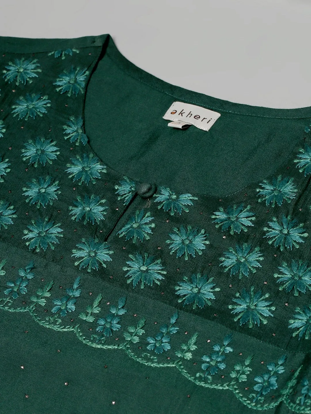 Bottle Green Silk Kurta with Embroidery and Mukaish Work