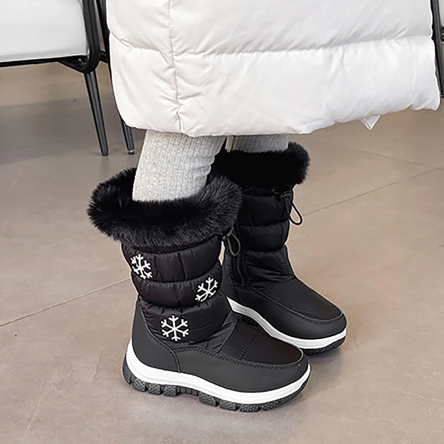 Boys Girls Mid Calf Snow Boots Warm Cozy Anti-Slip Faux Fr ining Insulated Shoes for Little/Big Kids Outdoor