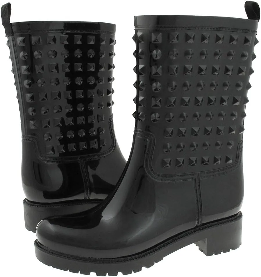 Capelli New York Ladies Rain Boot, Mid-Calf Studded Rain Boot, Rubber Rain Boots With Back Pull Loop, Black