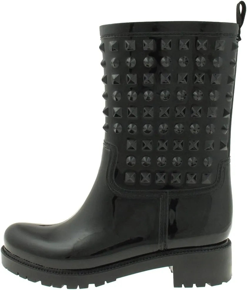 Capelli New York Ladies Rain Boot, Mid-Calf Studded Rain Boot, Rubber Rain Boots With Back Pull Loop, Black