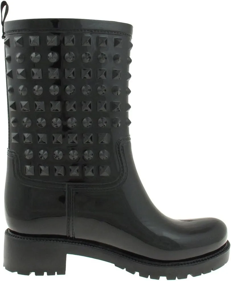 Capelli New York Ladies Rain Boot, Mid-Calf Studded Rain Boot, Rubber Rain Boots With Back Pull Loop, Black