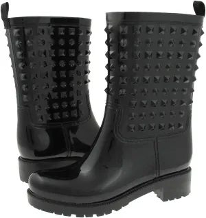 Capelli New York Ladies Rain Boot, Mid-Calf Studded Rain Boot, Rubber Rain Boots With Back Pull Loop, Black