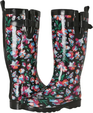 Capelli New York Ladies Shiny Tall Rubber Cozy Lined Rain Boots Floral Printed Black Combo Size 10