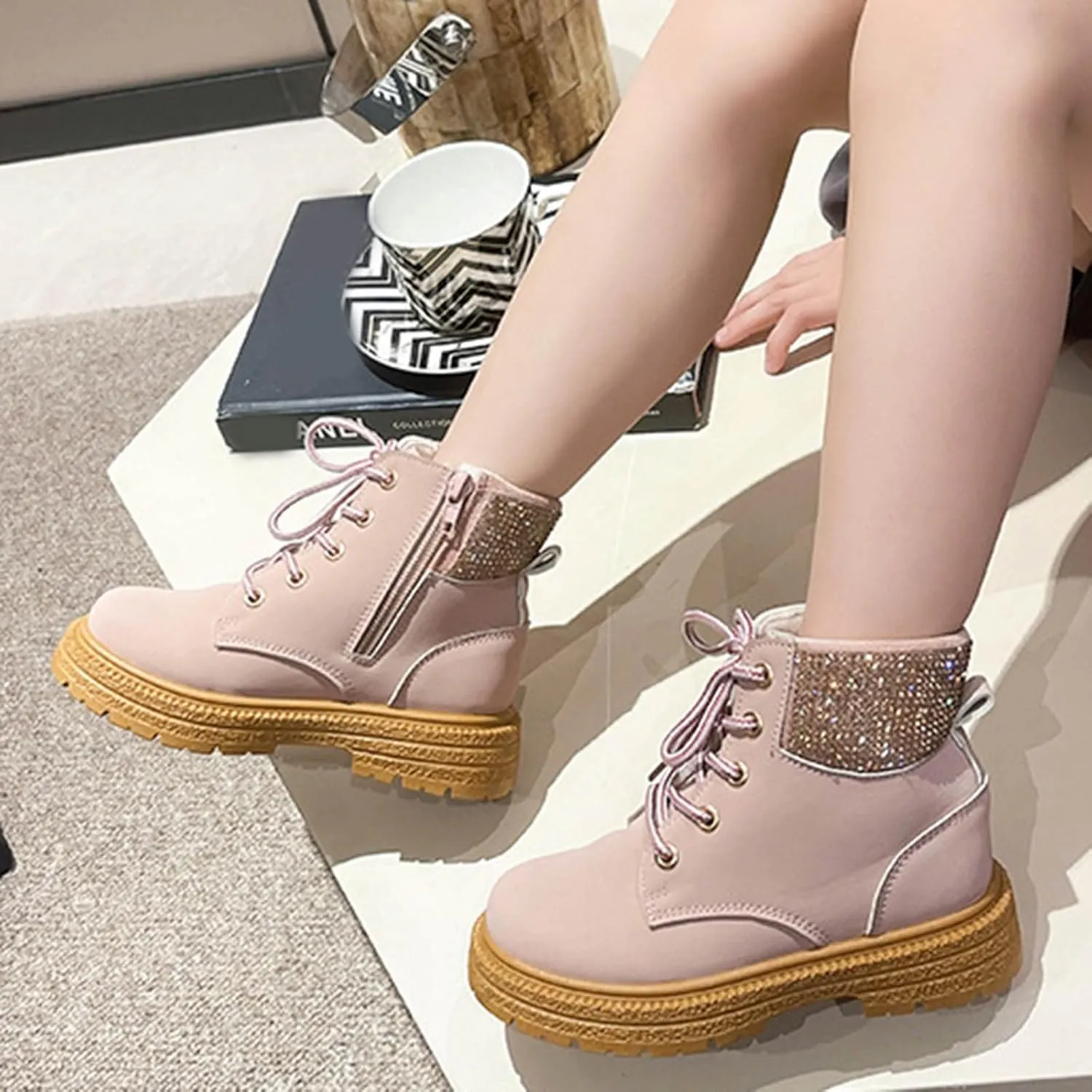 Combat Ankle Boots Kids Girls Dress Booties Platform Chunky Block Heel Boots Side Zipper Combat Shoes Snow Boots