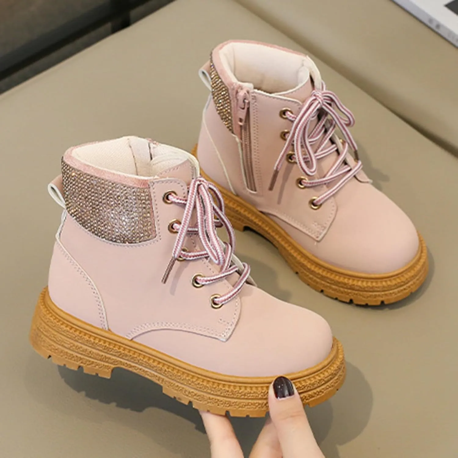 Combat Ankle Boots Kids Girls Dress Booties Platform Chunky Block Heel Boots Side Zipper Combat Shoes Snow Boots