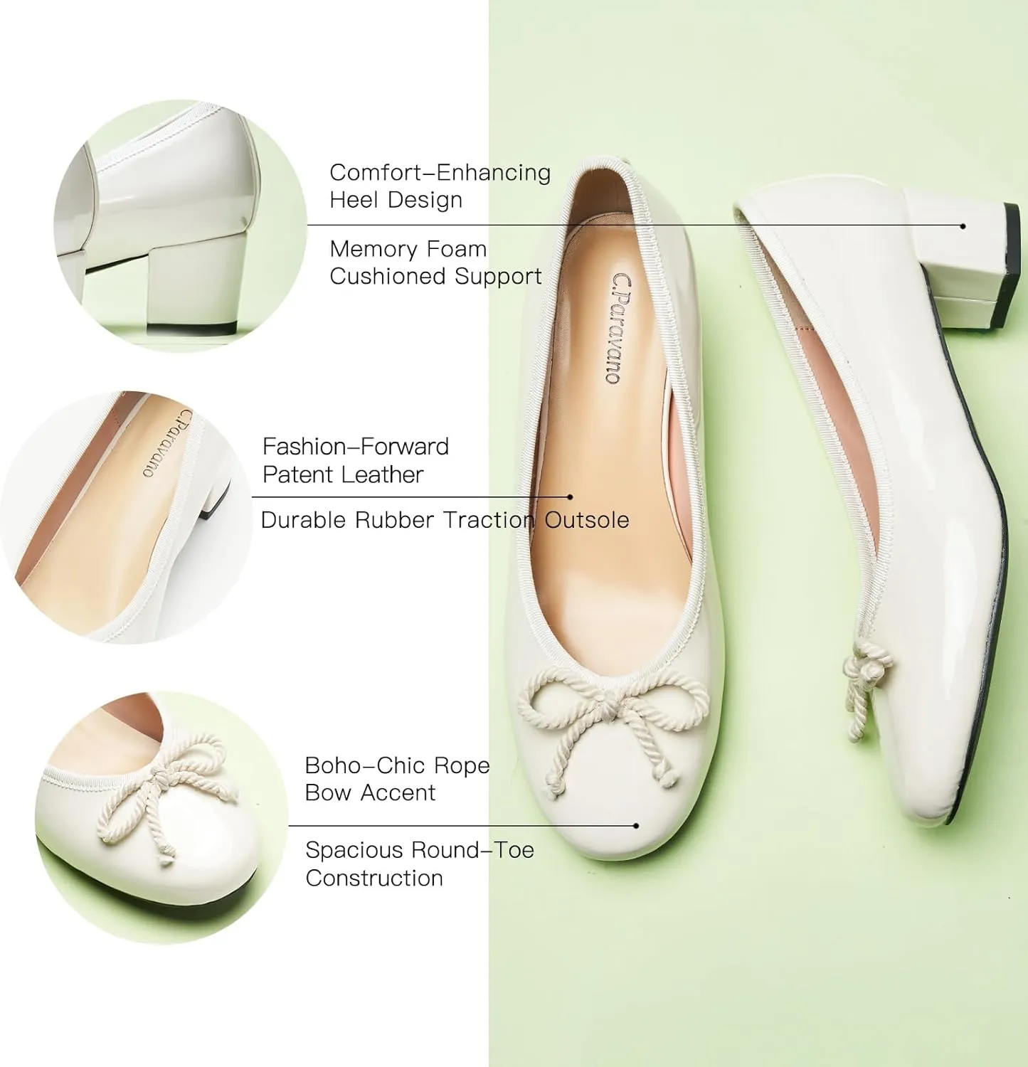 C.Paravano Women's Chunky Heel Ballet Pumps-Patent Leather Dress Shoes with Bowknots for Wedding & Office, Spring Date Nights, Business Casual