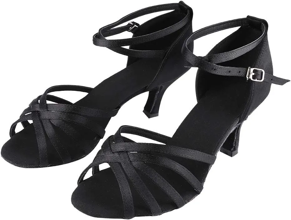 Dance Shoes for Women, Black Satin Ballroom Shoes Ballroom Latin Salsa Bachata Performance Dance Dancing Shoes (37)