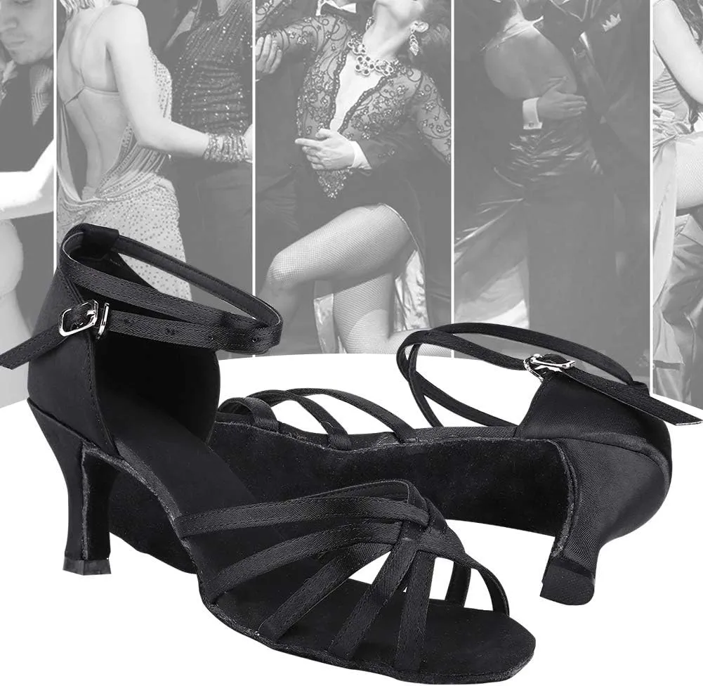 Dance Shoes for Women, Black Satin Ballroom Shoes Ballroom Latin Salsa Bachata Performance Dance Dancing Shoes (37)