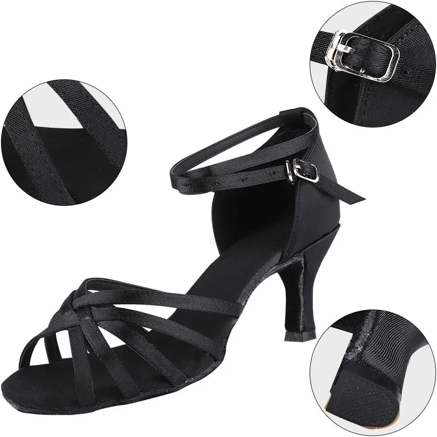 Dance Shoes for Women, Black Satin Ballroom Shoes Ballroom Latin Salsa Bachata Performance Dance Dancing Shoes (37)