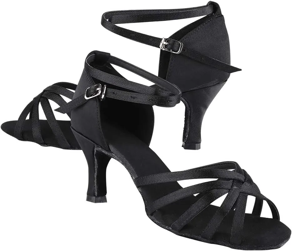 Dance Shoes for Women, Black Satin Ballroom Shoes Ballroom Latin Salsa Bachata Performance Dance Dancing Shoes (37)