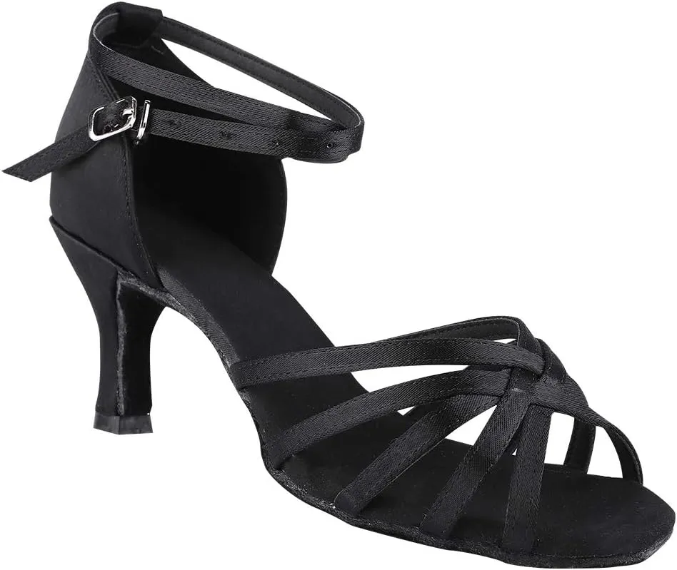 Dance Shoes for Women, Black Satin Ballroom Shoes Ballroom Latin Salsa Bachata Performance Dance Dancing Shoes (37)
