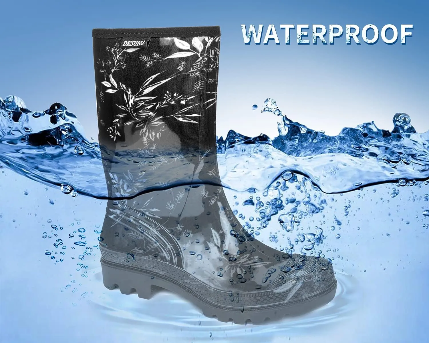 DKSUKO Waterproof Womens Rain Boots insulated,Lightweight Rubber fashion Boots in Gardening,Warm and Comfortable Wide Calf Rain Boots with Glossy in Outdoor