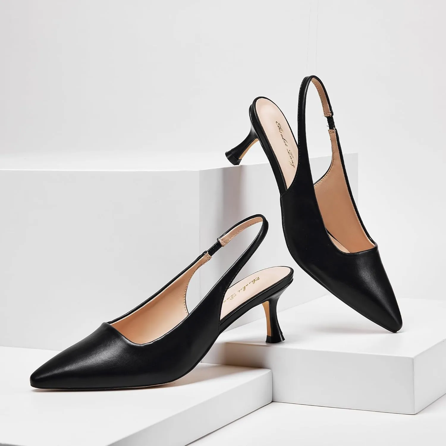 Elisabet Tang 2IN Trendy Closed Toe Slingback Kitten Heels for Women Low Dressy Pumps Wide Width Sexy for Prom