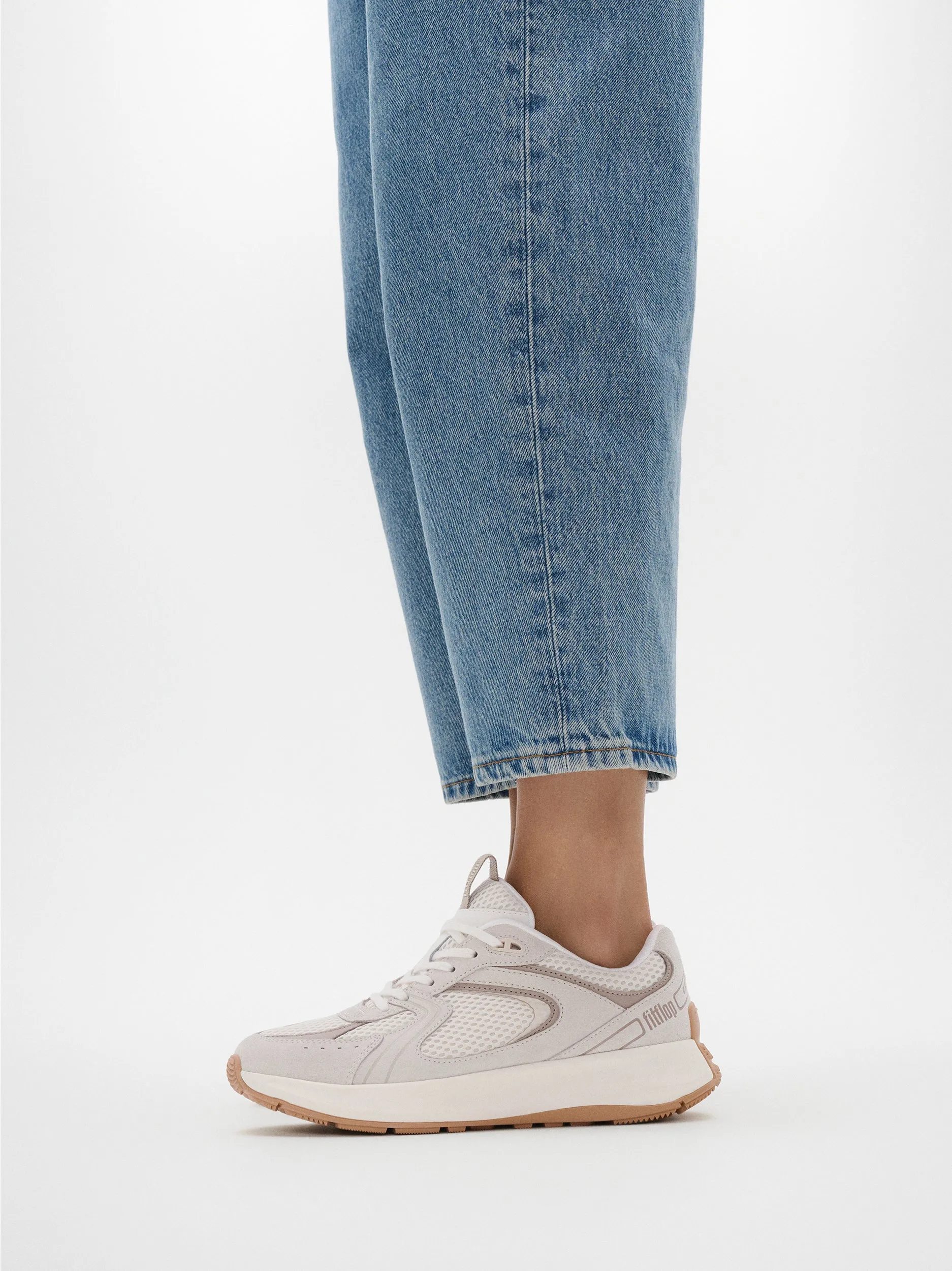 FitFlop F-Mode Flow Suede Mesh Leather Flatform Sneaker Urban White
