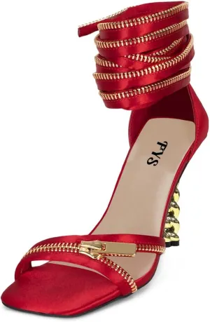 FYS Women Gold Metal Chain Block Heel Sandals Lace Up Zipper Strap Decor High Heels Dress Summer Party Prom Shoes Size 4-15 US