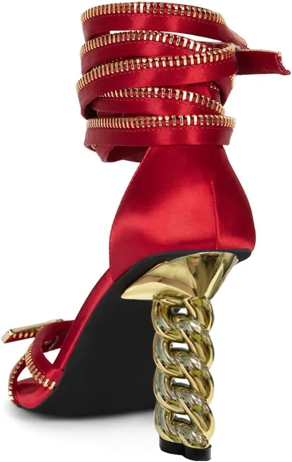 FYS Women Gold Metal Chain Block Heel Sandals Lace Up Zipper Strap Decor High Heels Dress Summer Party Prom Shoes Size 4-15 US