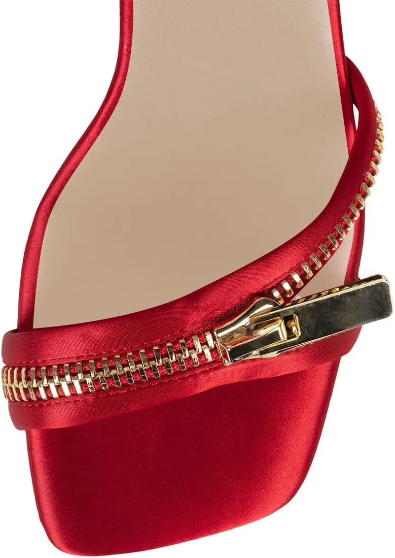 FYS Women Gold Metal Chain Block Heel Sandals Lace Up Zipper Strap Decor High Heels Dress Summer Party Prom Shoes Size 4-15 US