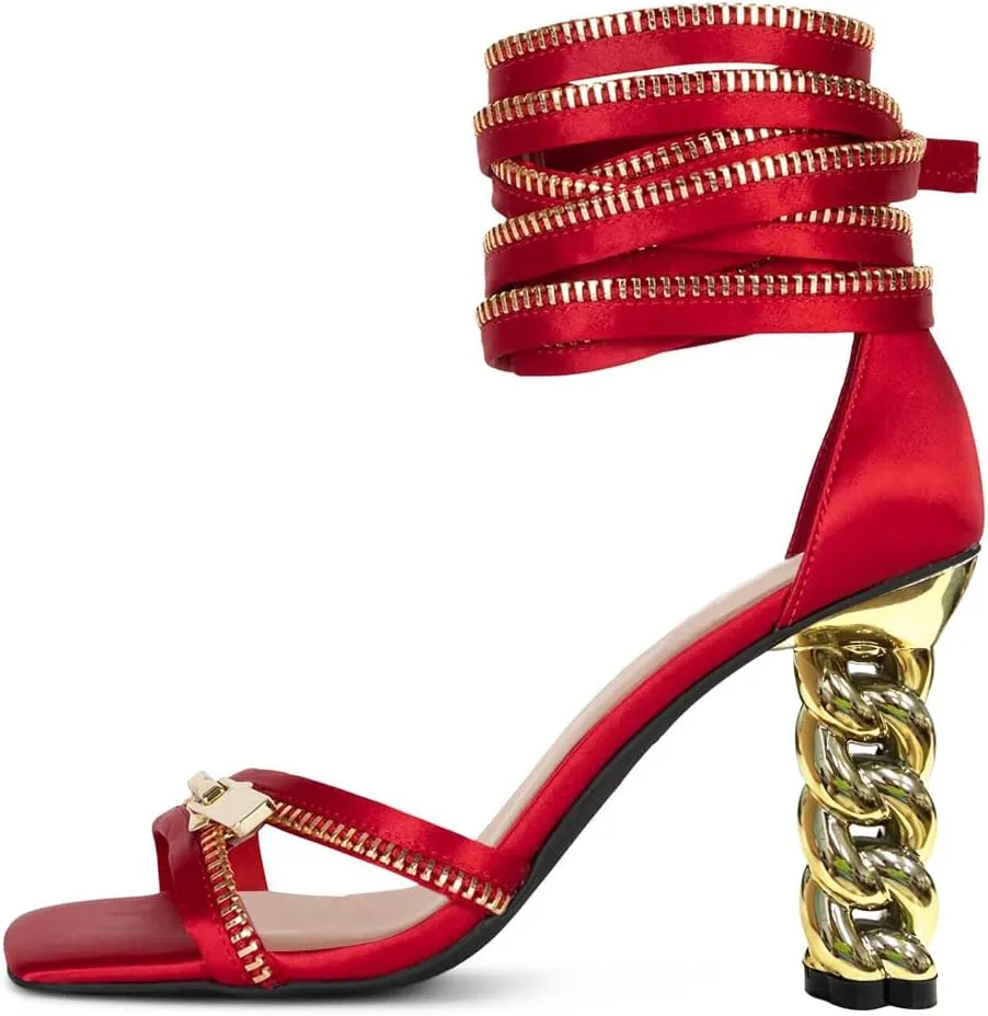 FYS Women Gold Metal Chain Block Heel Sandals Lace Up Zipper Strap Decor High Heels Dress Summer Party Prom Shoes Size 4-15 US