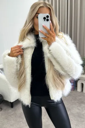 Gerta Cream Faux Leather PU Faux Fur Zip Up Jacket