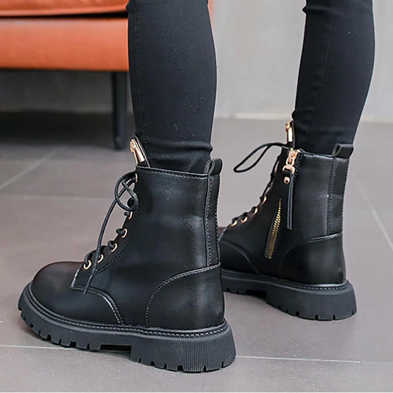 Girls Dress Boots Kids Fashion Side Zipper Lace Up Design Boots Outdoor Combat Boots Casual Shoes Mid Calf Booties