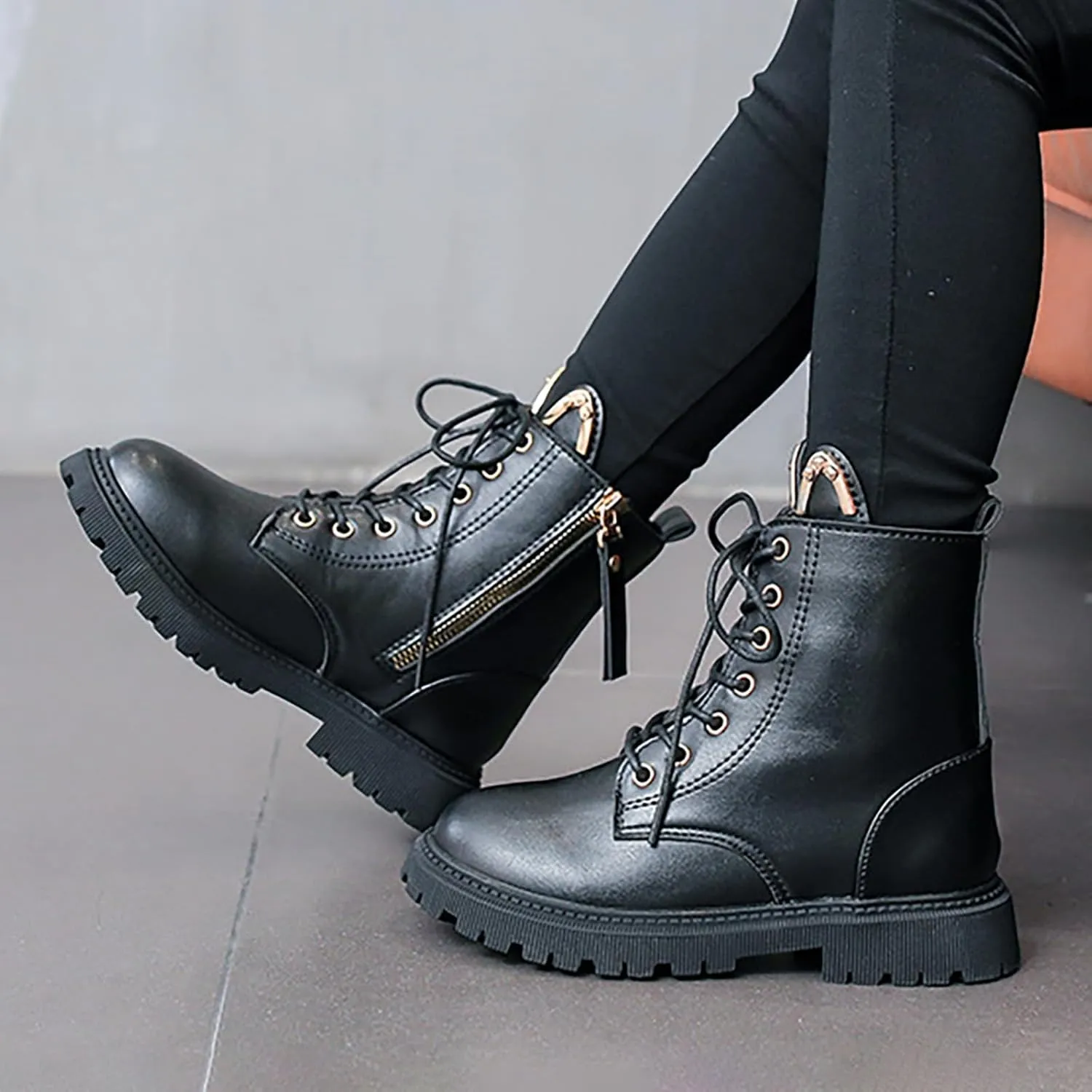 Girls Dress Boots Kids Fashion Side Zipper Lace Up Design Boots Outdoor Combat Boots Casual Shoes Mid Calf Booties