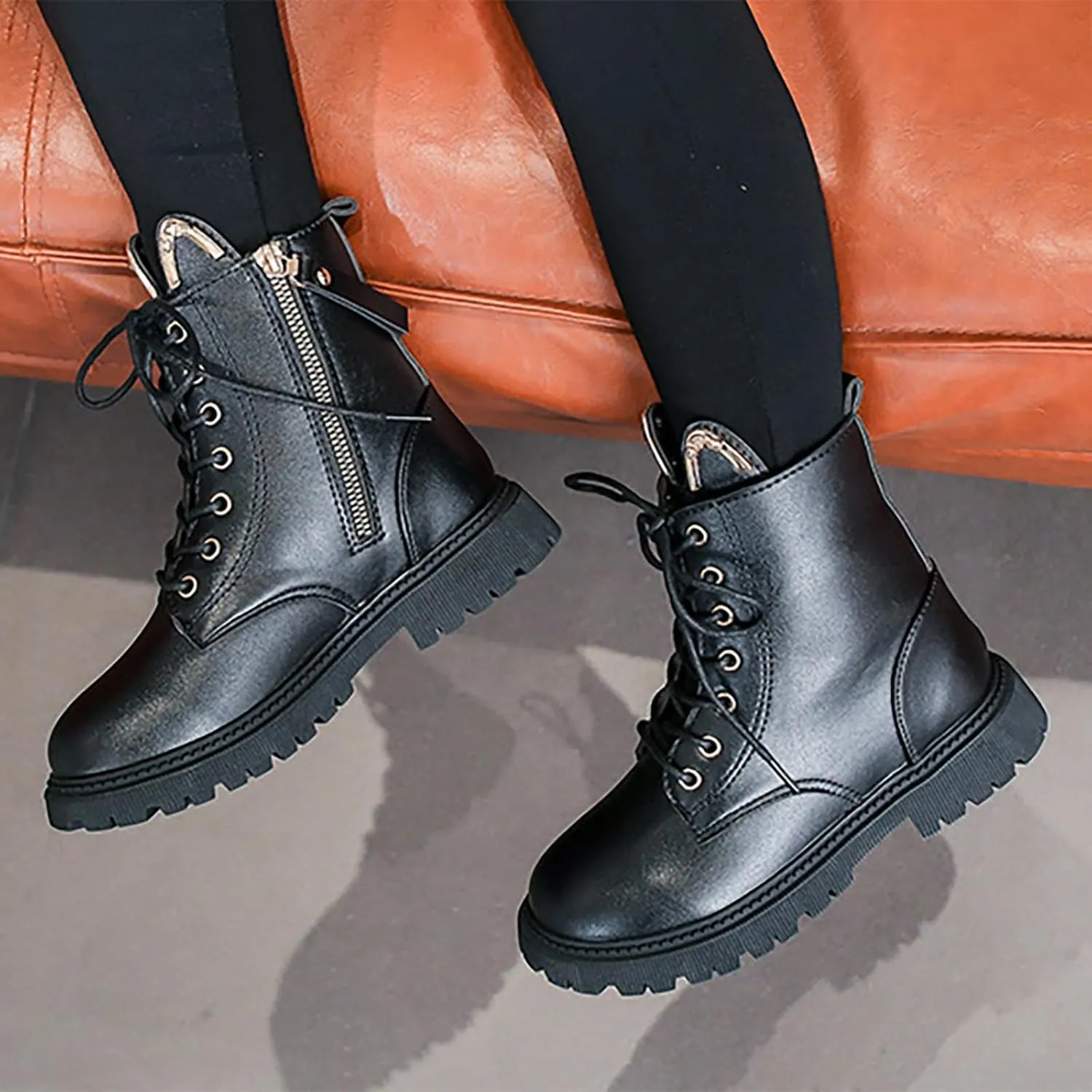 Girls Dress Boots Kids Fashion Side Zipper Lace Up Design Boots Outdoor Combat Boots Casual Shoes Mid Calf Booties