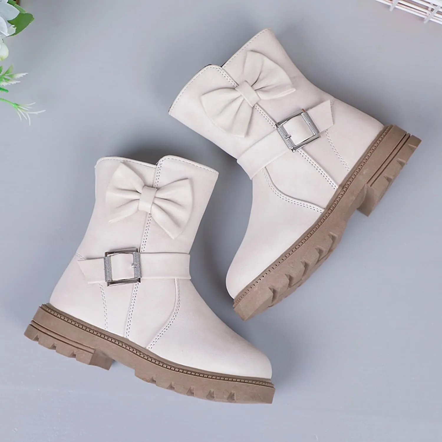 Girls Dress Boots Kids Side Zipper Bowknot Buckle Decor Princess Boots Fashion Soft Sole Mid Calf Boots Walking Shoes
