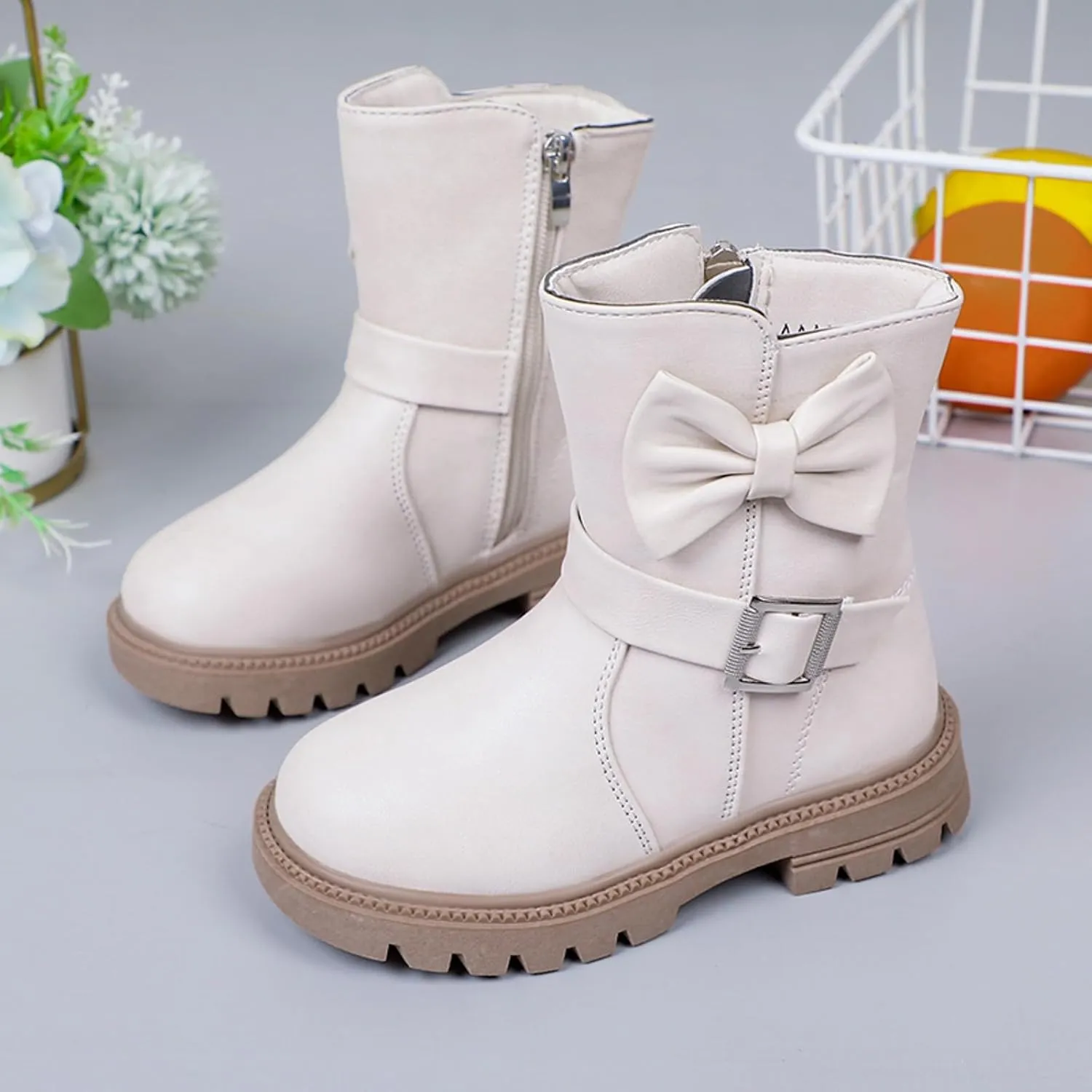 Girls Dress Boots Kids Side Zipper Bowknot Buckle Decor Princess Boots Fashion Soft Sole Mid Calf Boots Walking Shoes