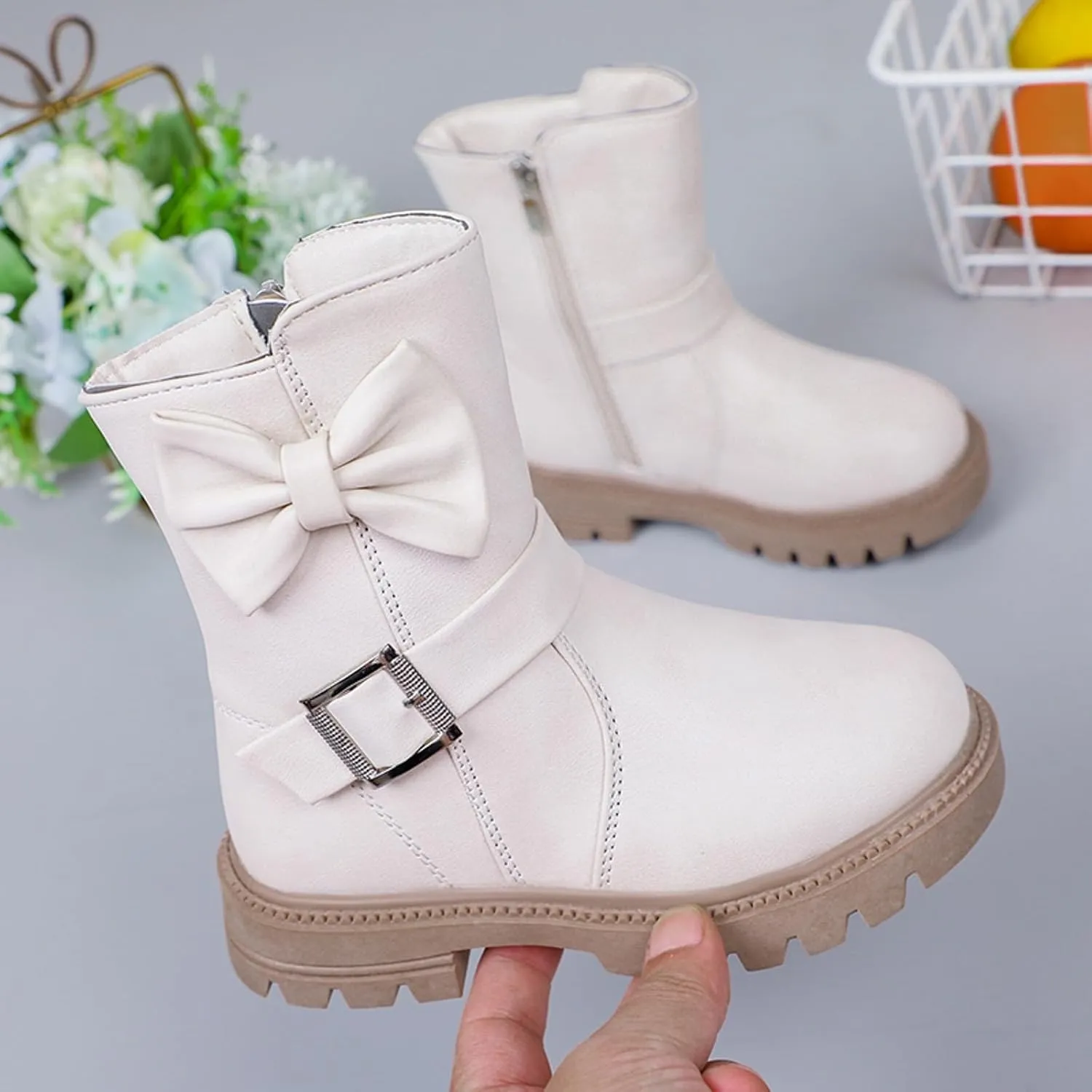 Girls Dress Boots Kids Side Zipper Bowknot Buckle Decor Princess Boots Fashion Soft Sole Mid Calf Boots Walking Shoes
