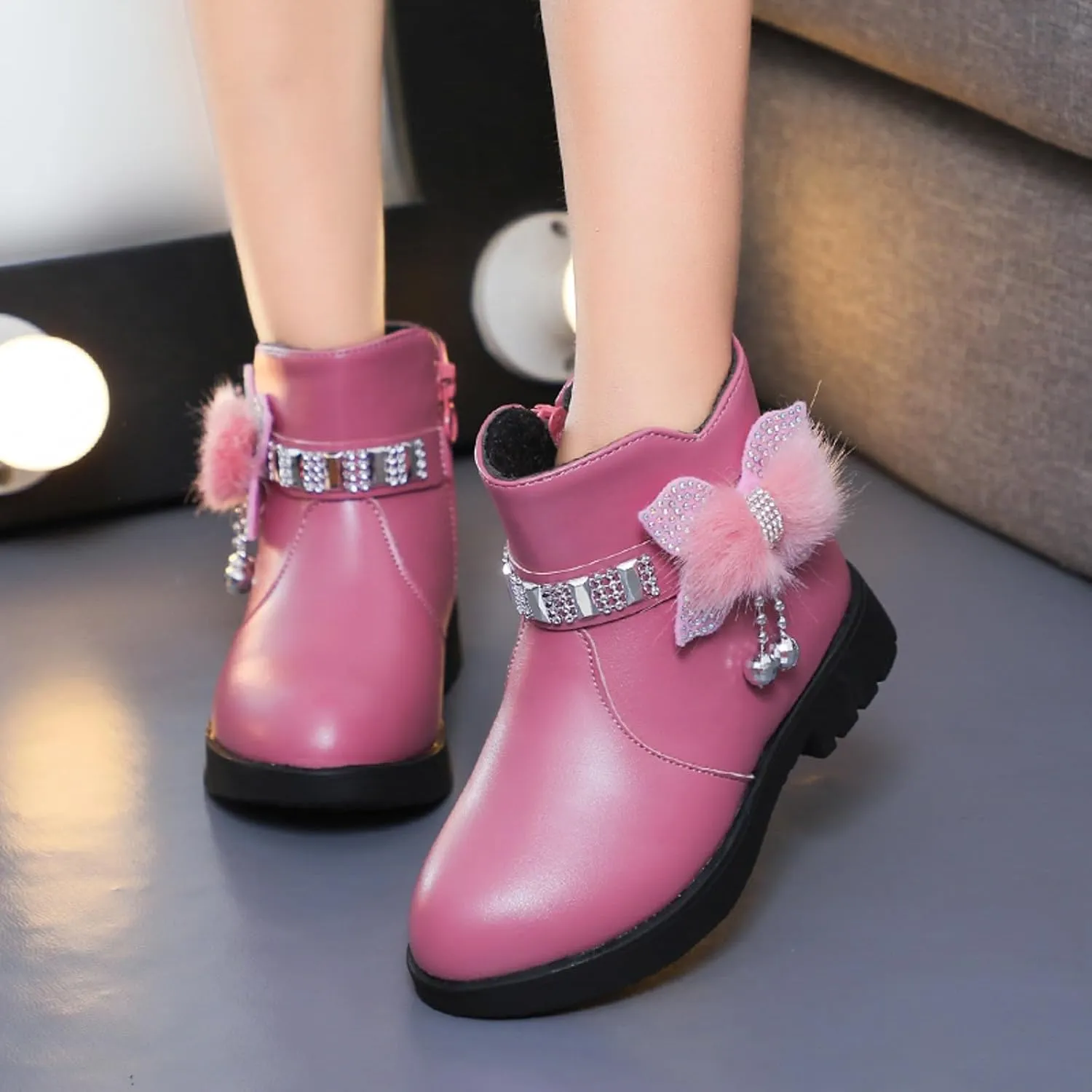 Girls Dress Boots Kids Toddler Cute Rhinestone Bowknot Princess Boots Warm Shoes Fashion Side Zipper Ankle Boots