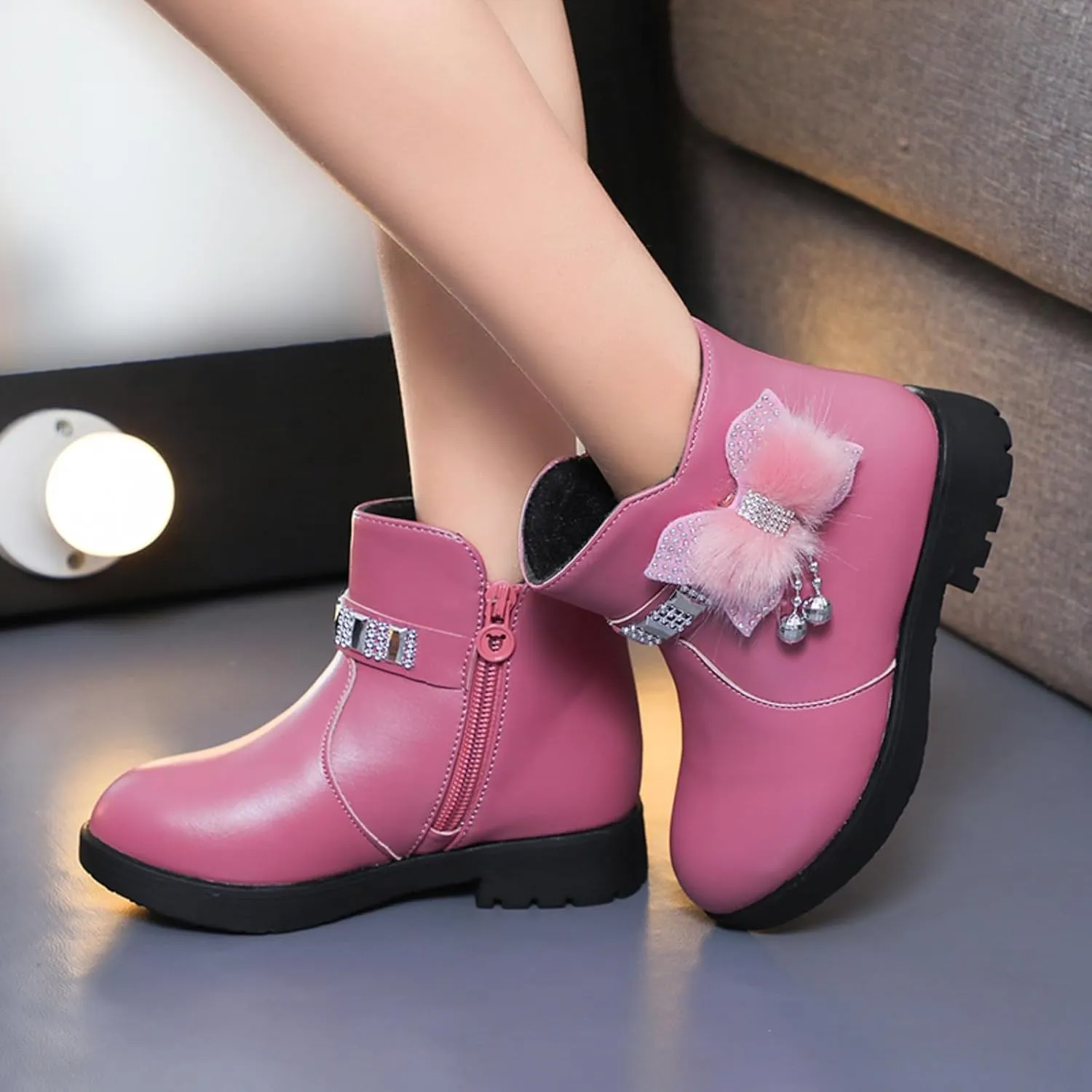 Girls Dress Boots Kids Toddler Cute Rhinestone Bowknot Princess Boots Warm Shoes Fashion Side Zipper Ankle Boots