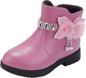 Girls Dress Boots Kids Toddler Cute Rhinestone Bowknot Princess Boots Warm Shoes Fashion Side Zipper Ankle Boots