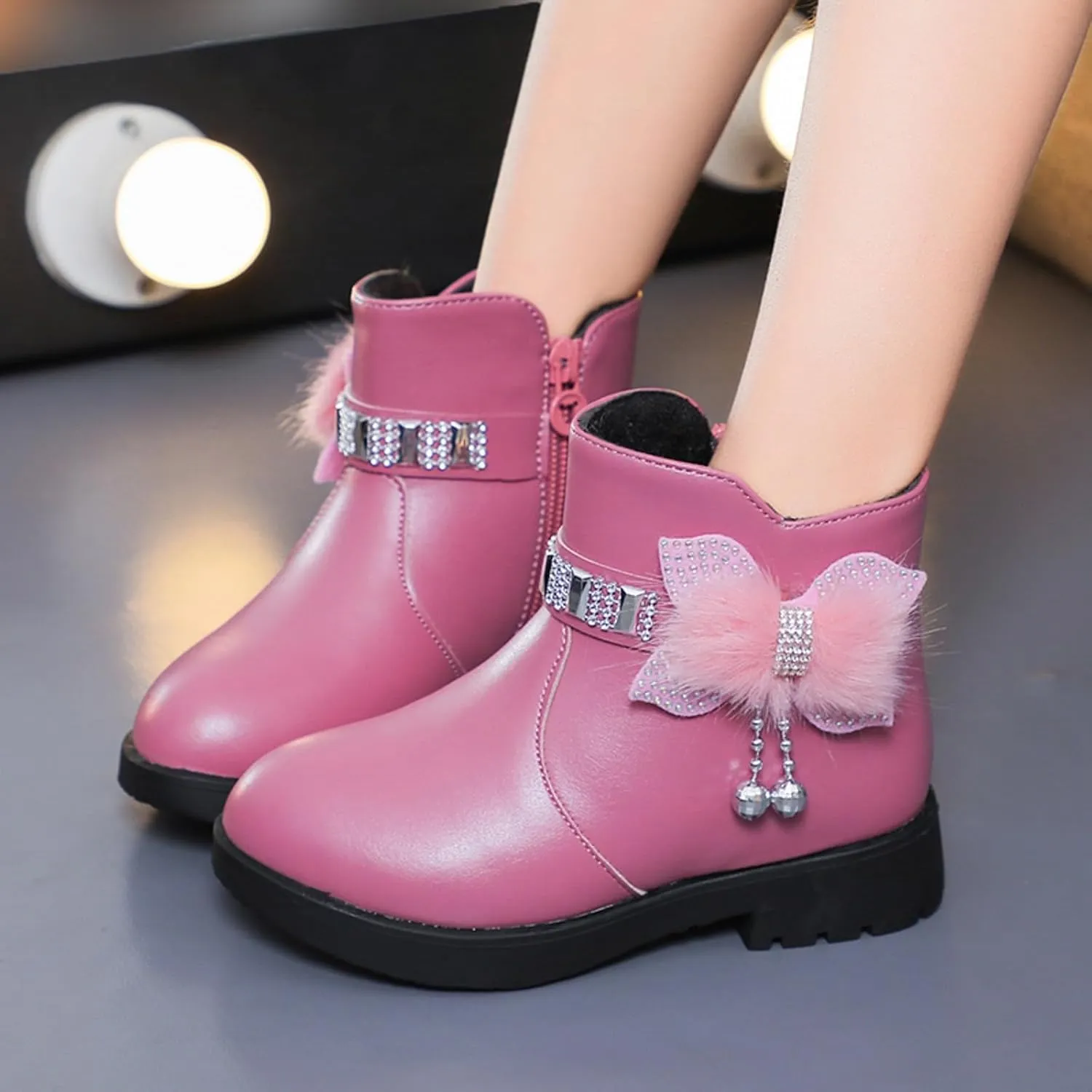 Girls Dress Boots Kids Toddler Cute Rhinestone Bowknot Princess Boots Warm Shoes Fashion Side Zipper Ankle Boots