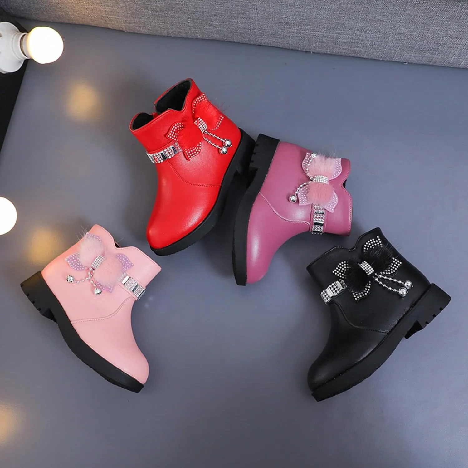 Girls Dress Boots Kids Toddler Cute Rhinestone Bowknot Princess Boots Warm Shoes Fashion Side Zipper Ankle Boots