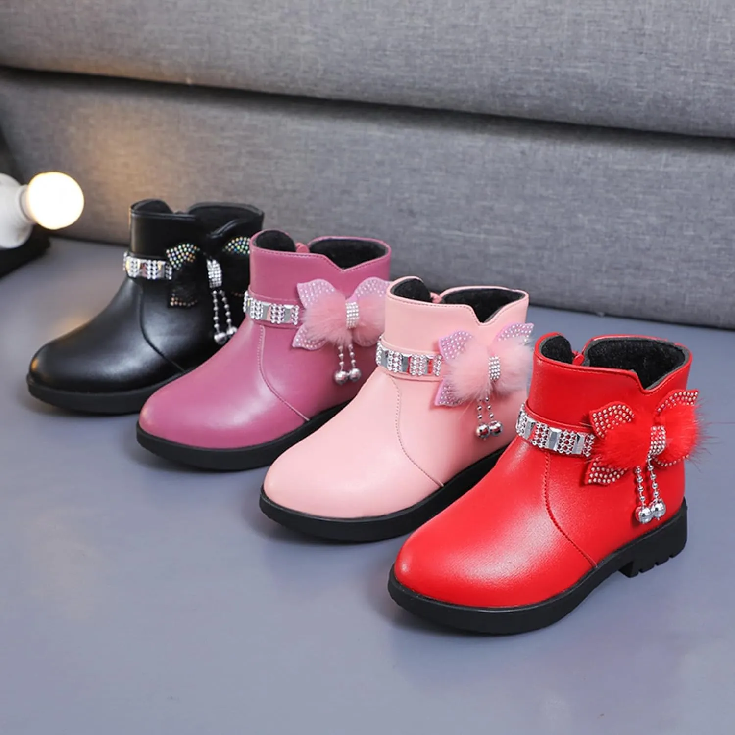 Girls Dress Boots Kids Toddler Cute Rhinestone Bowknot Princess Boots Warm Shoes Fashion Side Zipper Ankle Boots