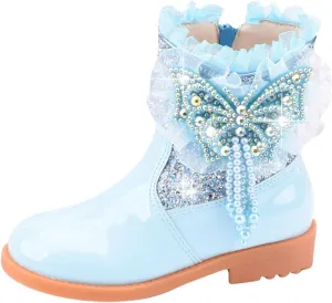 Girls Sequins Rhinestone Butterfly Boots Kids Party Dress Boots Casual Shoes Ruffle Princess Booties with Side Zipper