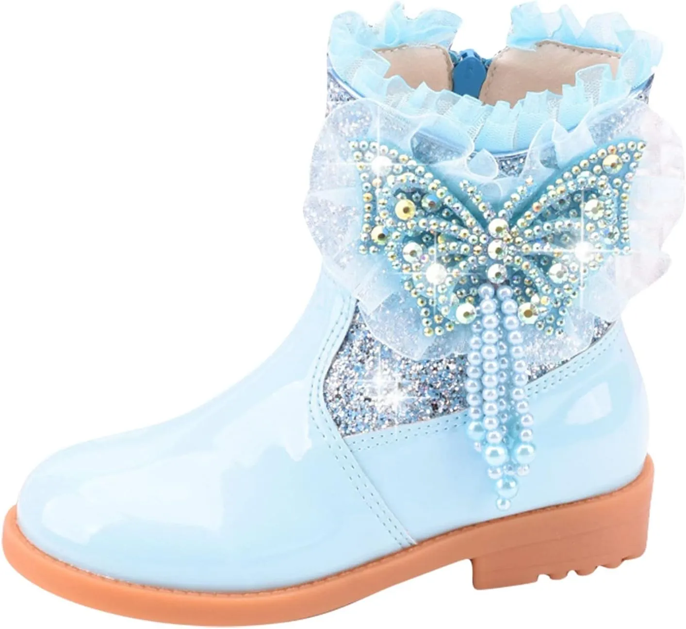Girls Sequins Rhinestone Butterfly Boots Kids Party Dress Boots Casual Shoes Ruffle Princess Booties with Side Zipper
