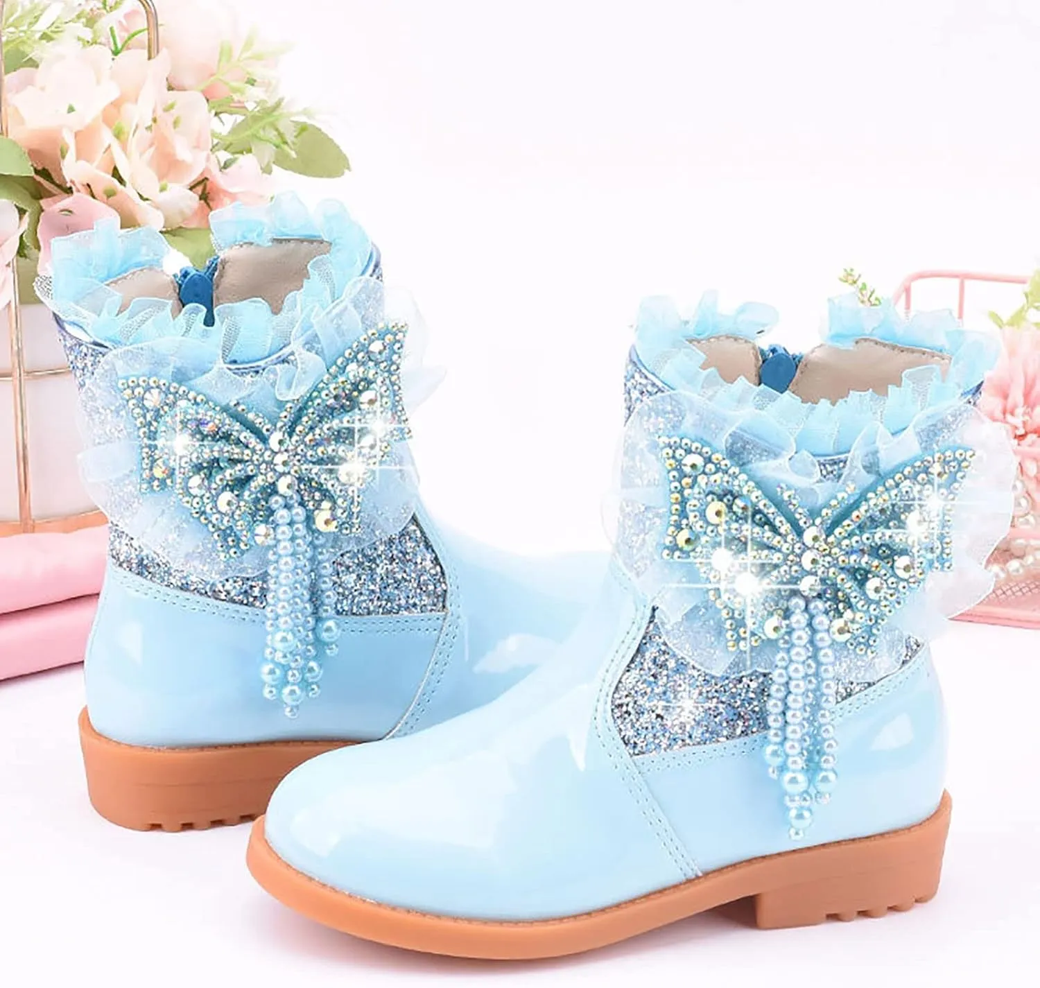 Girls Sequins Rhinestone Butterfly Boots Kids Party Dress Boots Casual Shoes Ruffle Princess Booties with Side Zipper