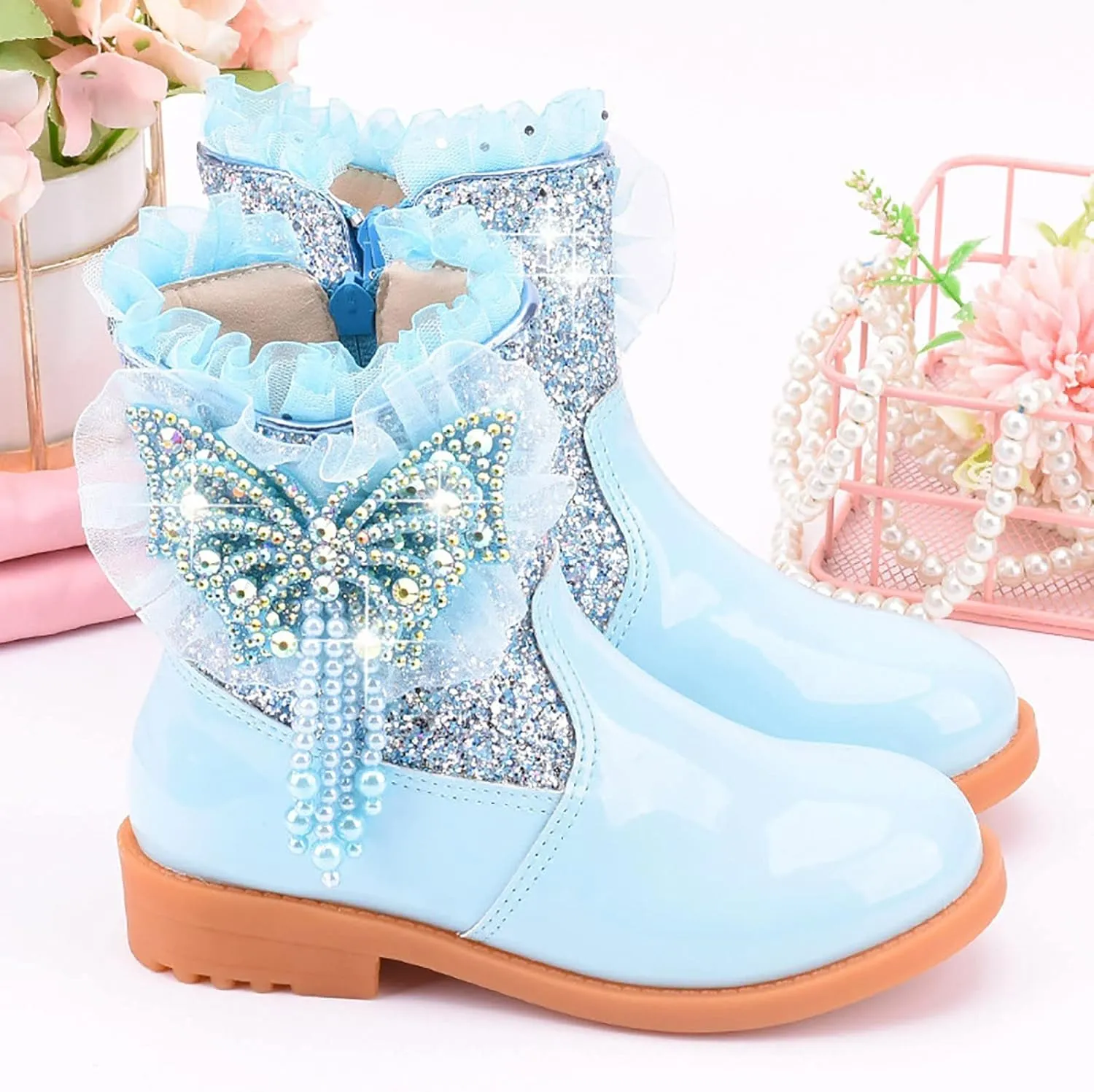 Girls Sequins Rhinestone Butterfly Boots Kids Party Dress Boots Casual Shoes Ruffle Princess Booties with Side Zipper