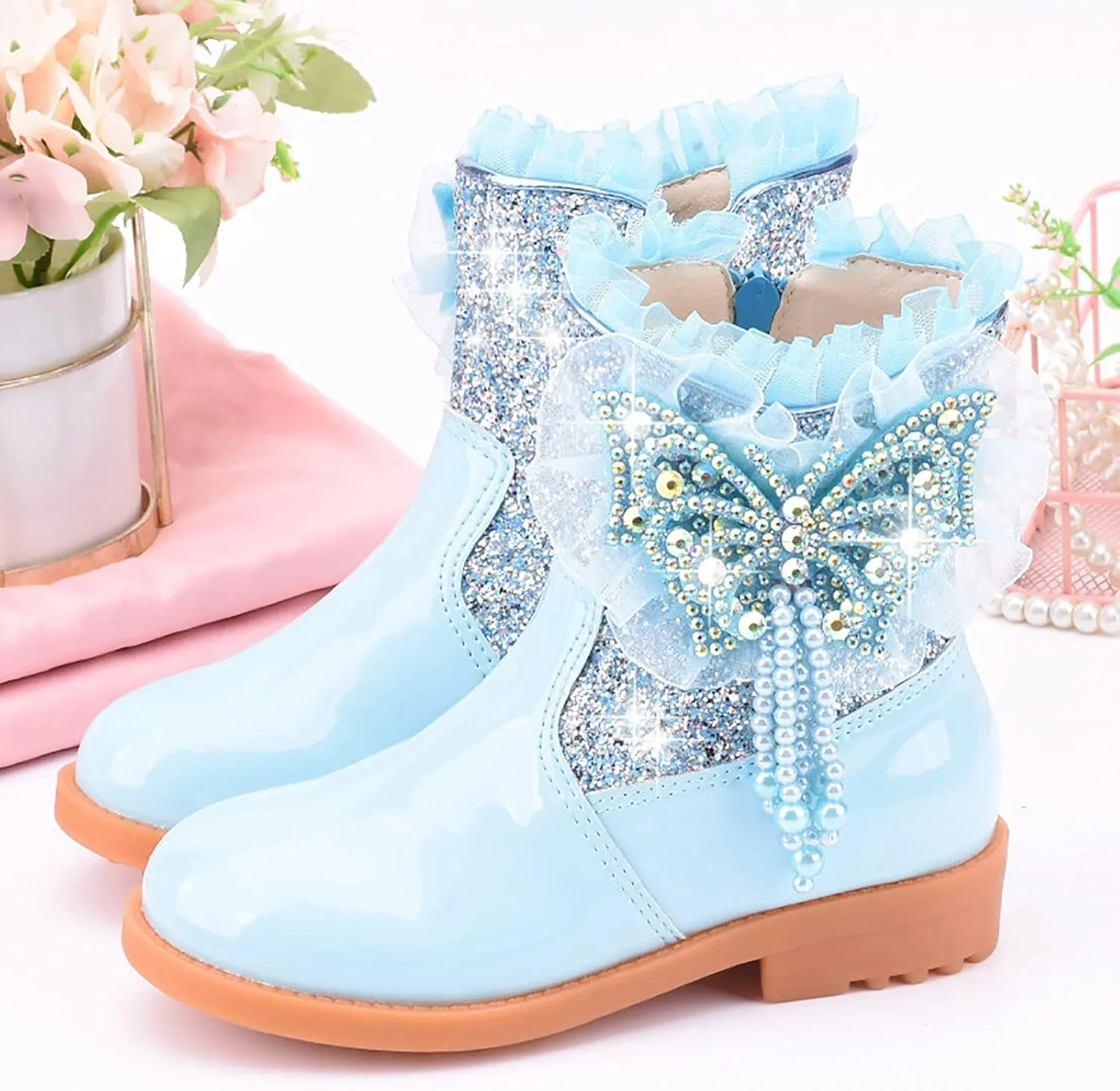 Girls Sequins Rhinestone Butterfly Boots Kids Party Dress Boots Casual Shoes Ruffle Princess Booties with Side Zipper