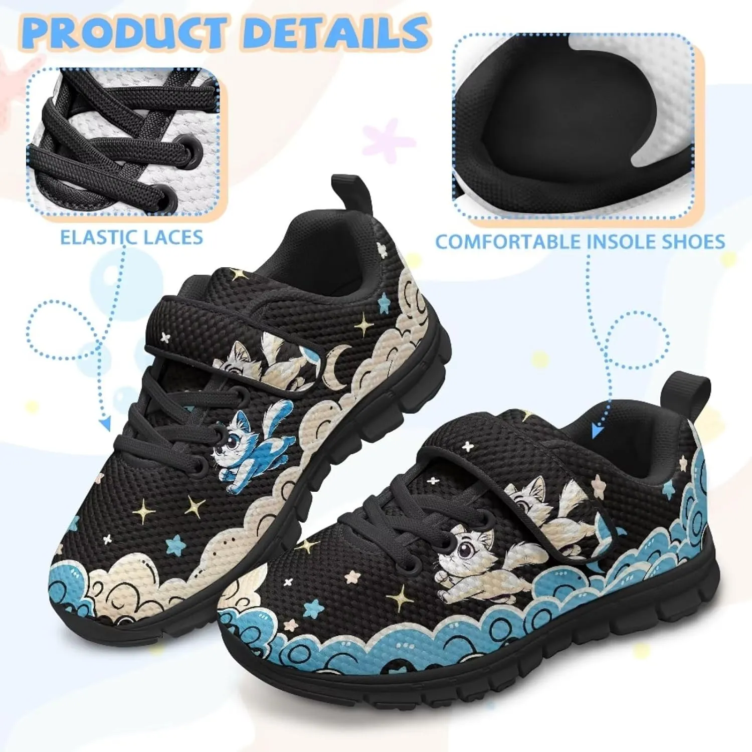 GOSTONG Unisex Kids Sneakers Breathable Mesh Easy-on Kids Casual Sneakers Non Slip Indoor Outdoor Walking Shoes Black US 11-15